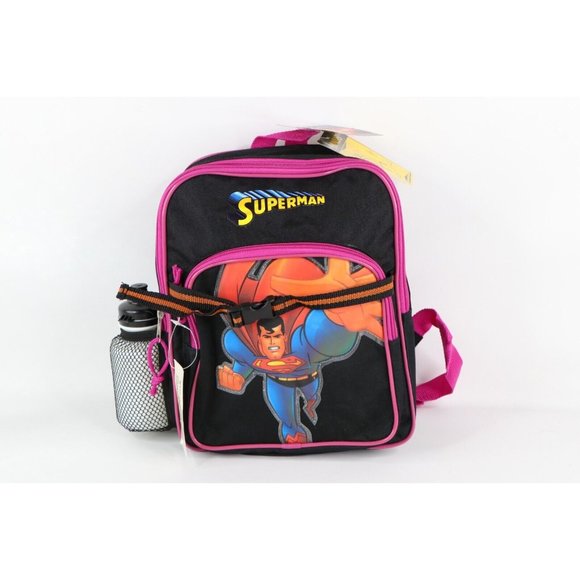 NOS Vtg 90s Superman Spell Out Mini Backpack Book Bag w Water Bottle Kids Black
